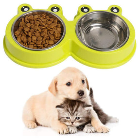 Double Dog Cat Bowls Cute Modeling No-Slip Stainless Steel Pet Bowls-Green