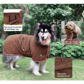 Dog Bathrobe Microfibre Fast Drying Towel Adjustable Collar Waist-Coffee