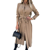 Womens Button Down Shirt Dresses Long Sleeve Causal Belted Slits-Khaki