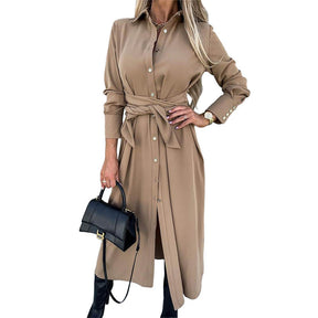 Womens Button Down Shirt Dresses Long Sleeve Causal Belted Slits-Khaki
