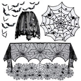 5 Pack Halloween Decorations Tablecloth Set Black Lace Table Runner Round Spider Cobweb with 16pcs Scary Bat