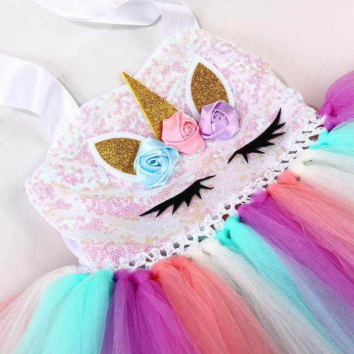 Sequin Unicorn Dress for Girls with Gold Headband Birthday Easter Gifts Dance Dresses-Pink