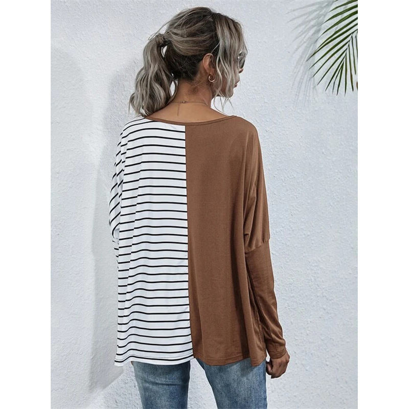 Womens Striped V-Neck Long Sleeve Tops-Khaki