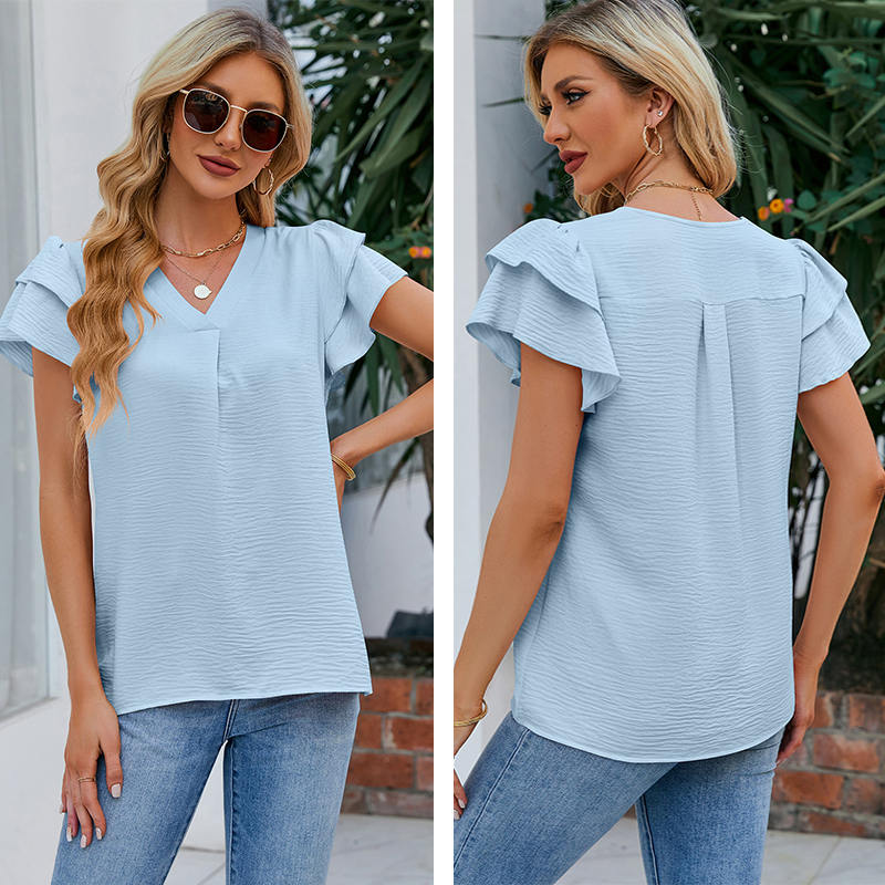 Womens Ruffle Short Sleeve Chiffon Blouses V Neck Solid Color Casual Top-Blue