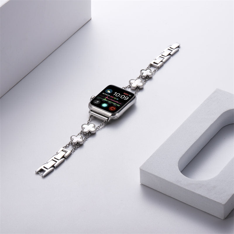 Apple Watch Band Luxury Four-leaf Clover Thin Stainless Steel for iWatch Series SE/6/5/4/3/2/1-Silver+White