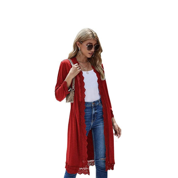 Women's 3/4 Sleeve Lace Flower Trim Casual Long Cardigan Cover Up Loose Blouse Knitting Outerwear-Red Wine