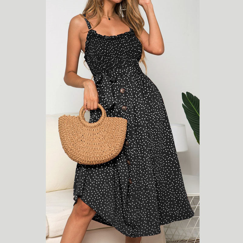 Womens Summer Suspenders Ruffle Polka-dot Printed Dress-Black