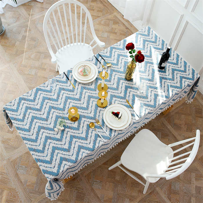 Tassel Cotton Linen Tablecloths Star Stripes Wave Dustproof Table Cover for Kitchen Dinning Room Party-Blue