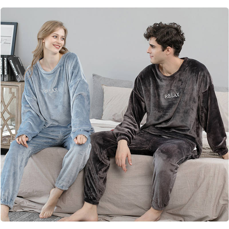 Crew Neck Flannel Pajamas Set for Women-Haze Blue