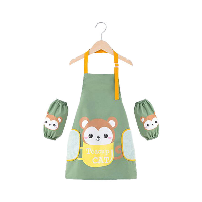 Kids Adjustable Kitchen Apron with Sleeve Covers for Cooking Painting-Green Monkey