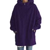 Womens Long Fleece Sweatshirt Simple Full Zip Hoodies-Purple