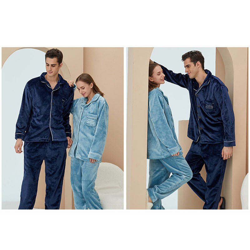 Thicken Warm Flannel Pajamas Set Homewear-Navy Blue