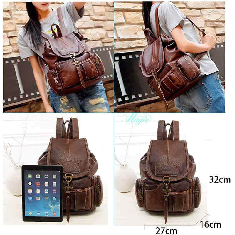 Teenager Leather Backpack Wallet Travel Drawstring Backpack-DarkBrown