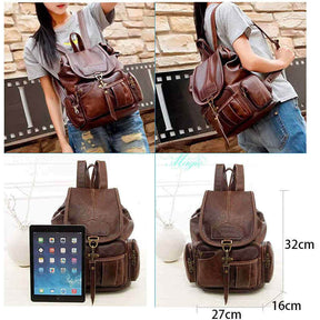 Teenager Leather Backpack Wallet Travel Drawstring Backpack-LightBrown