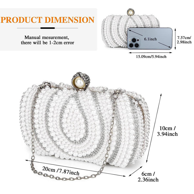 Womens Pearl Beaded Clutches Bags Luxury Evening Purse for Party Prom-White