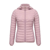 Womens Short Down Jacket Stand Collar Lightweight Removable Cap-Pink