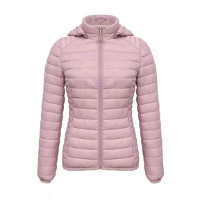 Womens Short Down Jacket Stand Collar Lightweight Removable Cap-Pink