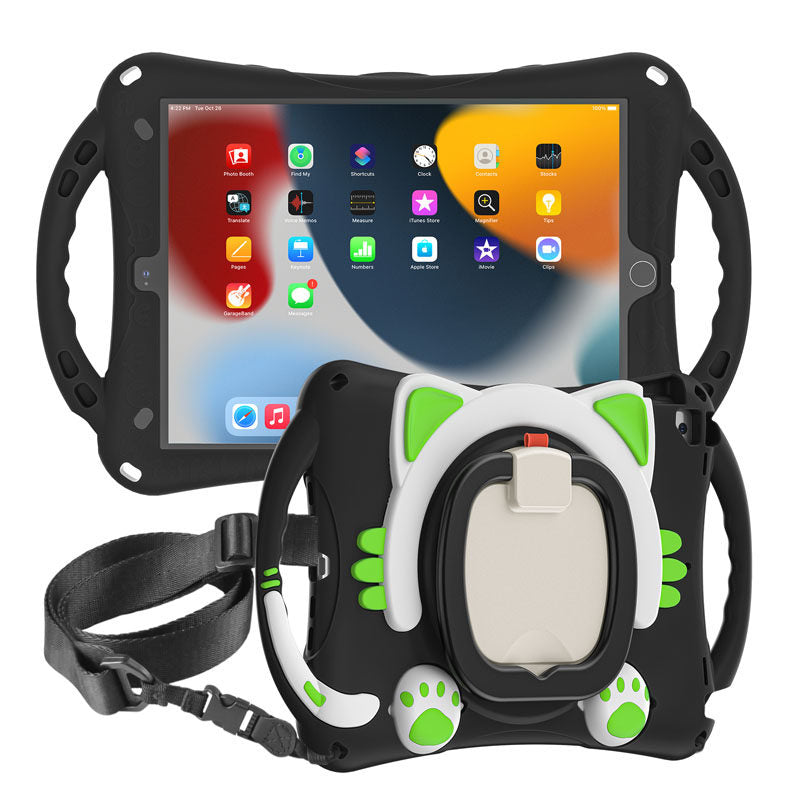 CatB Silicone Case For iPad 10.2 Air10.5 Pro10.5 Shockproof Shoulder Strap Handle Stand-Black Green