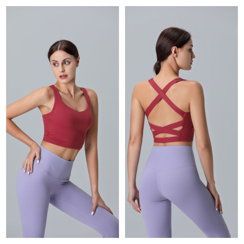 V Neck Longline Sports Bras Padded Wirefree Stretchy Yoga Camisole-Red
