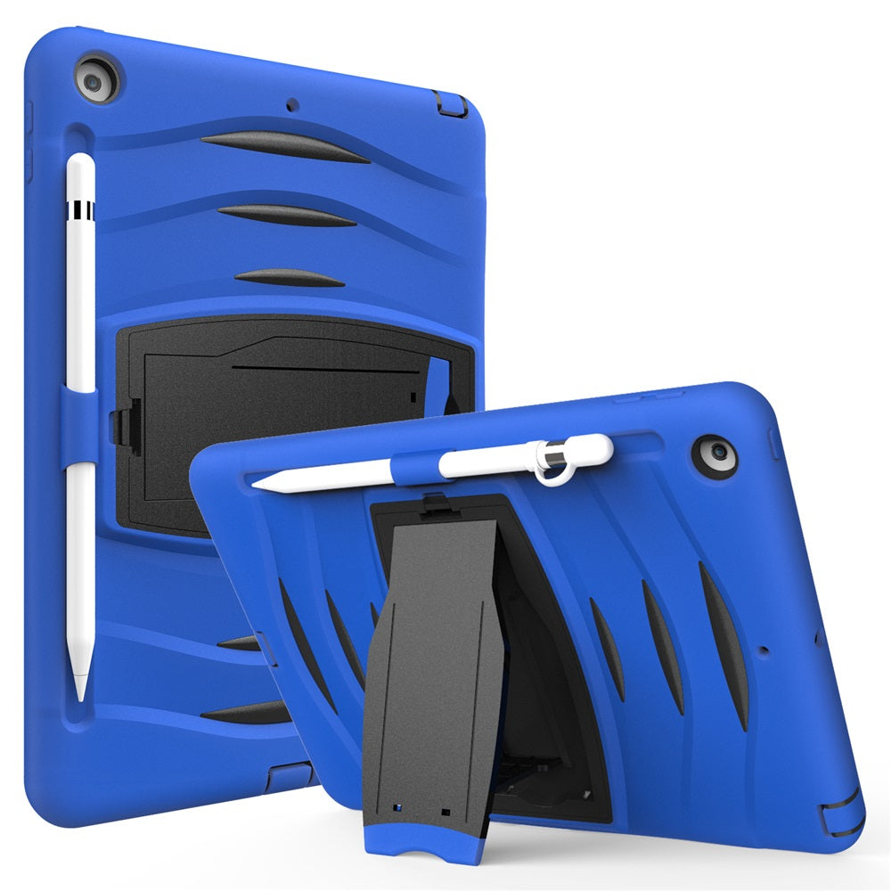 Shock Wave Kickstand Case Anti-Fall Protection With Pencil Holder+Cap For New iPad 7 10.2inch(2019)-Blue