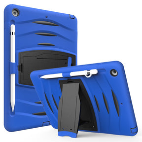 Shock Wave Kickstand Case Anti-Fall Protection With Pencil Holder+Cap For New iPad 7 10.2inch(2019)-Blue