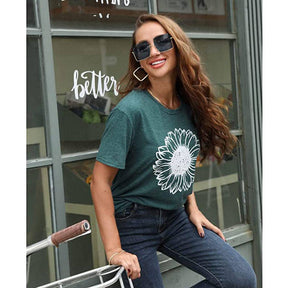 Womens Sunflower Summer Short Sleeve T-shirt Loose Casual Top-Green