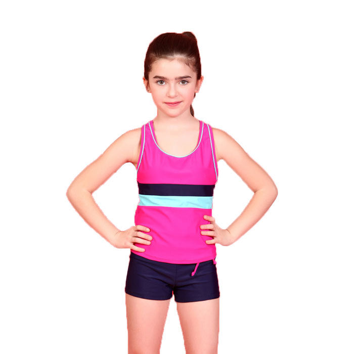 Little Girls Summer Two Piece Boyshort Fashion Tankini Swimsuit-Rose Red