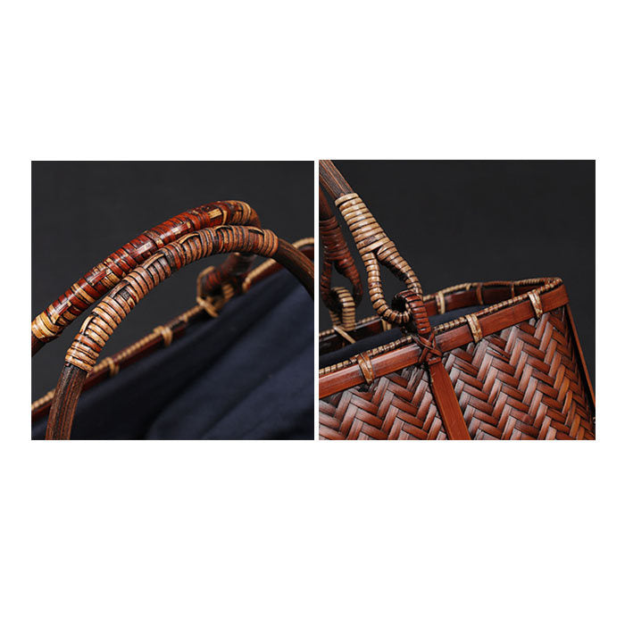 Retro Womens Bamboo Handbag Handmade Large Tote Bag Wicker Summer Straw Basket Bag-Dark Red