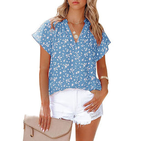 Womens V Neck Printed Shirts Lightweight Chiffon Blouse-Blue