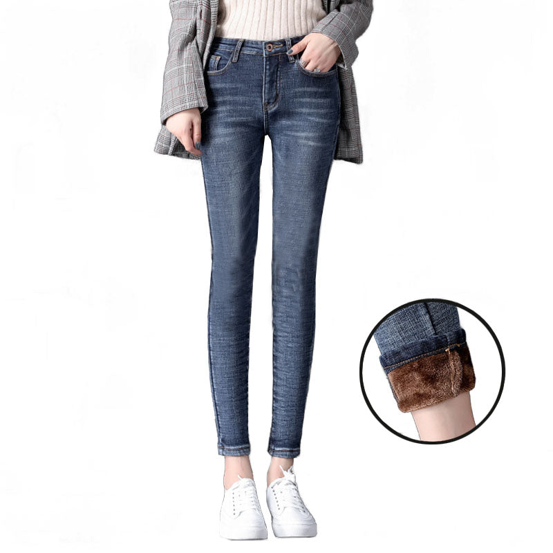 Womens Fleece Jeans with Pockets High Waist Stretch Pants-689-Retro Blue