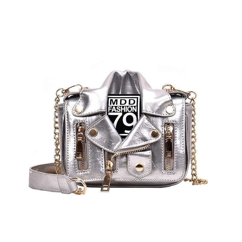 Women Motorcycle Jacket Crossbody Bag Punk Style Lapel Collar Satchel Bag-Sliver