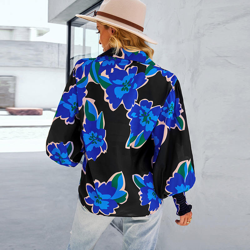 Printed Blouses for Women Button Down Long Sleeve Shirts Loose Fit Tops-Black