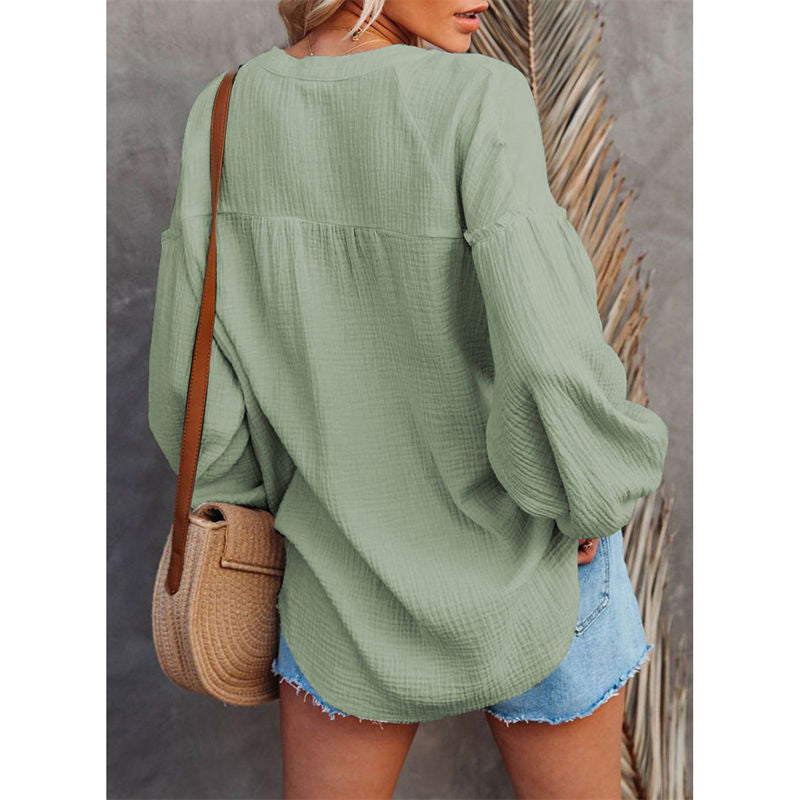 Womens Deep V Neck Lantern Sleeve Blouse Button Down Pullover Tops-Pea Green