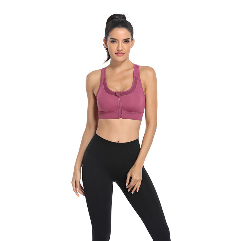 Sports Bra Front Zipper Wide Shoulder Straps Shockproof Yoga Vest -Red