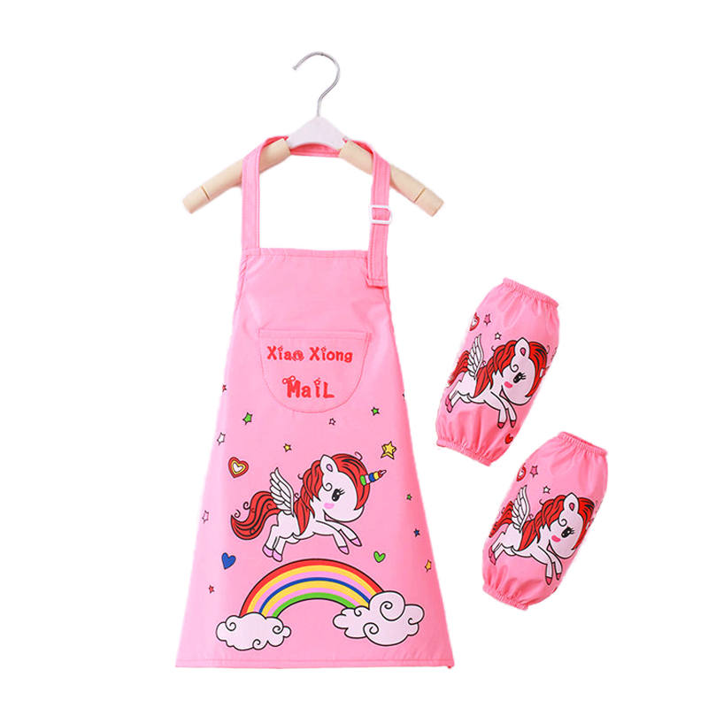 Kids Waterproof Apron Cooking Bib with Sleeve Covers for Painting-Pink Rainbow Horse