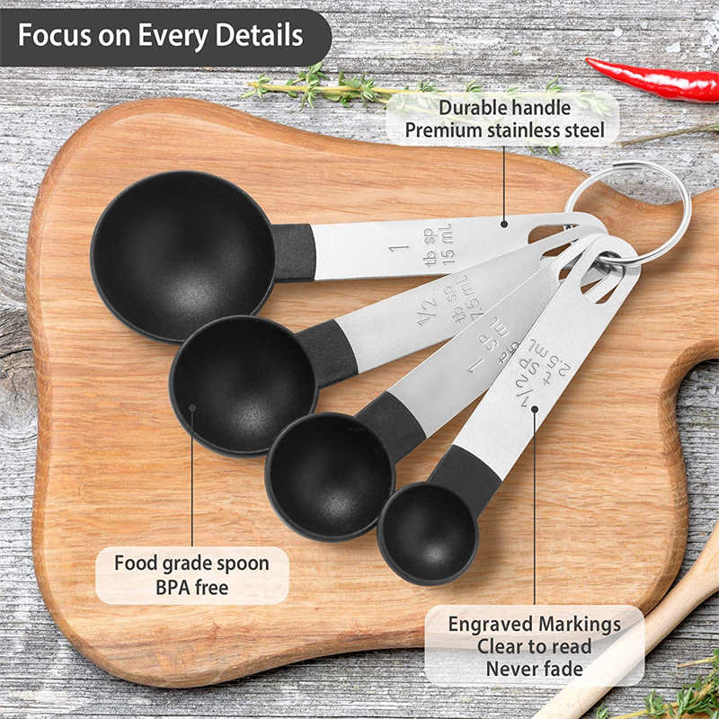 8Pcs Stainless Steel Handle Measuring Cups and Spoons Set-Black