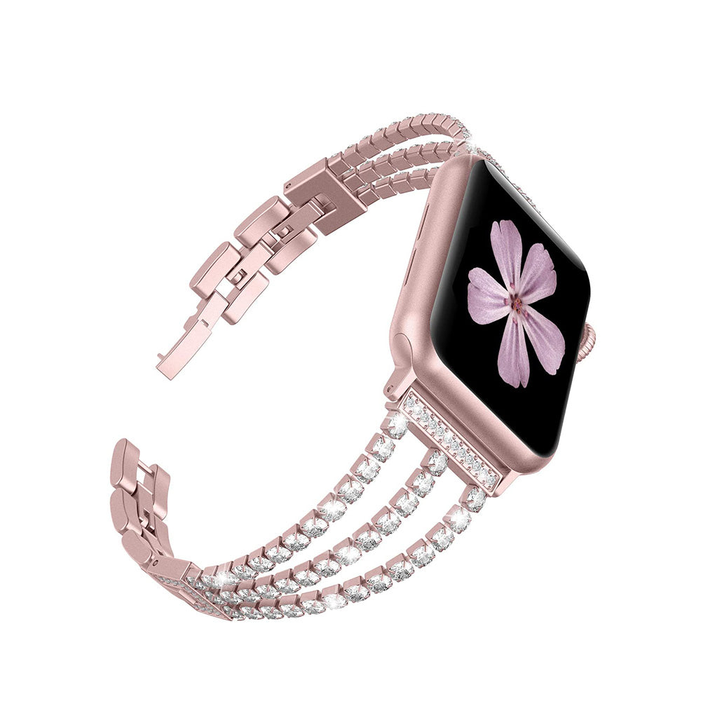 Three Rows Diamond Metal Watch Band For Apple Watch SE/6/5/4/3/2/1(Rose Gold)