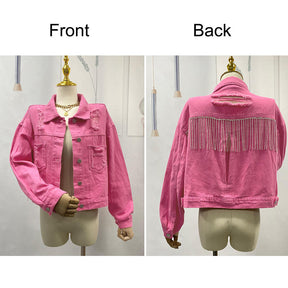 Womens Denim Jacket with Fringe Rhinestones Crop Casual Coat-RoseRed