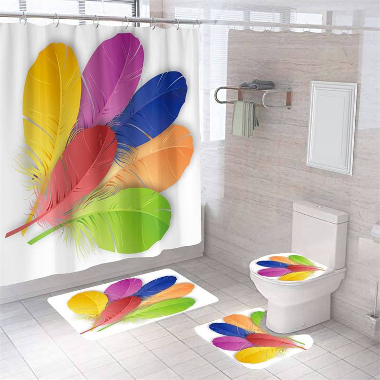 4 Pcs Shower Curtain Set Bath Mat U Shape and Toilet Lid Cover Mat with 12 Hooks-A10