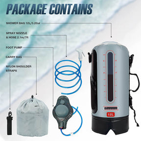 Portable 12L Solar Camping Shower Bag with Water Pump and Shower Head Hose