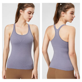 Ribbed Racerback Tank Top with Built in Bra Shockproof for Sports-Grey