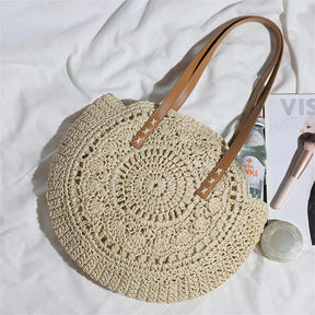 Round Straw Bag Large Woven Summer Beach Tote Handbags for Women Vacation-Beige