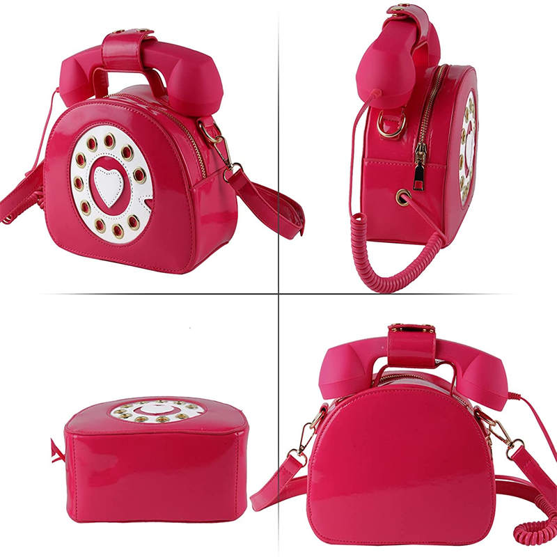 Women Telephone Shaped Handbag Retro Phone Top-Handle Crossbody Bags-RoseRed