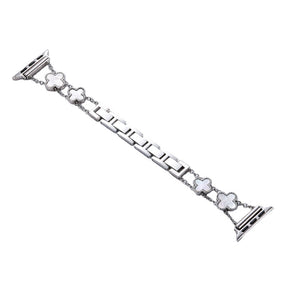 Apple Watch Band Luxury Four-leaf Clover Thin Stainless Steel for iWatch Series SE/6/5/4/3/2/1-Silver+White