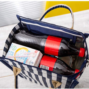 Waterproof Oxford Cloth Picnic Bag Insulated Lunch Bento Handbag-Blue Stripes