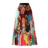 Womens Print High Waist Pleated Trendy Elegant A Line Maxi Skirt-A