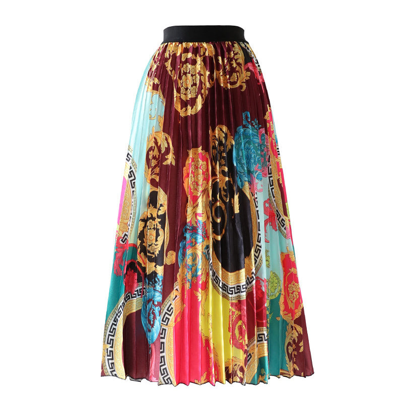 Womens Print High Waist Pleated Trendy Elegant A Line Maxi Skirt-A