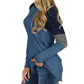 Womens Color Block Round Neck Tunic Top Casual Long Sleeve Shirt-Blue