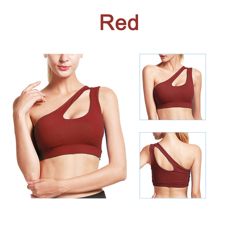 One Shoulder Sports Bra Removable Padded Sexy Cute Workout Top-Red
