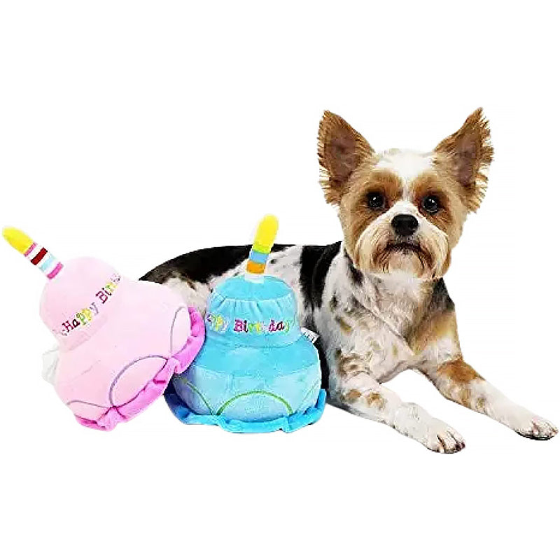 Pet Plush Doll Birthday Double Layer Cake Squeaky Dog Toy-Blue